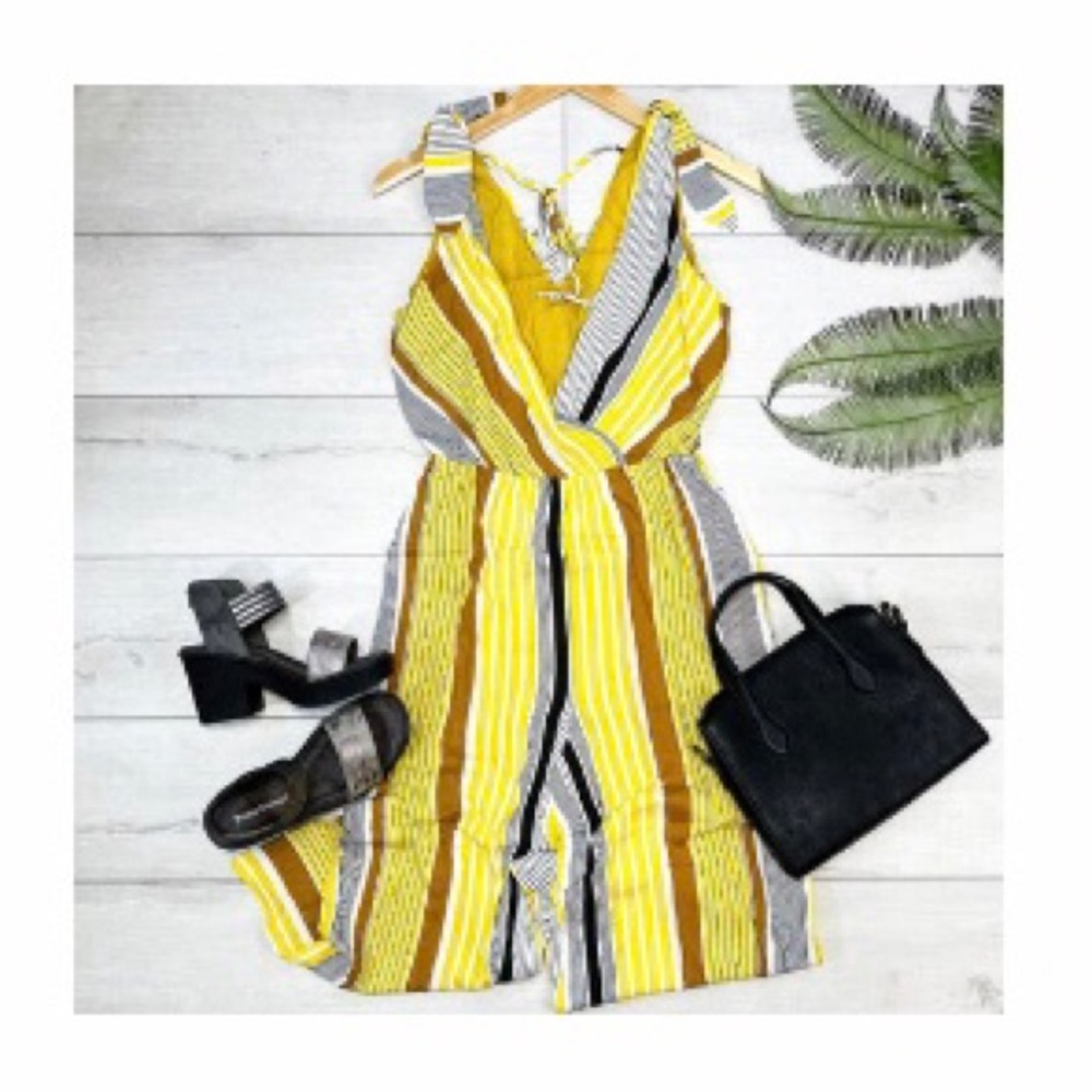 NWT Hem & Thread Boho Jumpsuit | Tie Back | Yellow Striped 100% Rayon